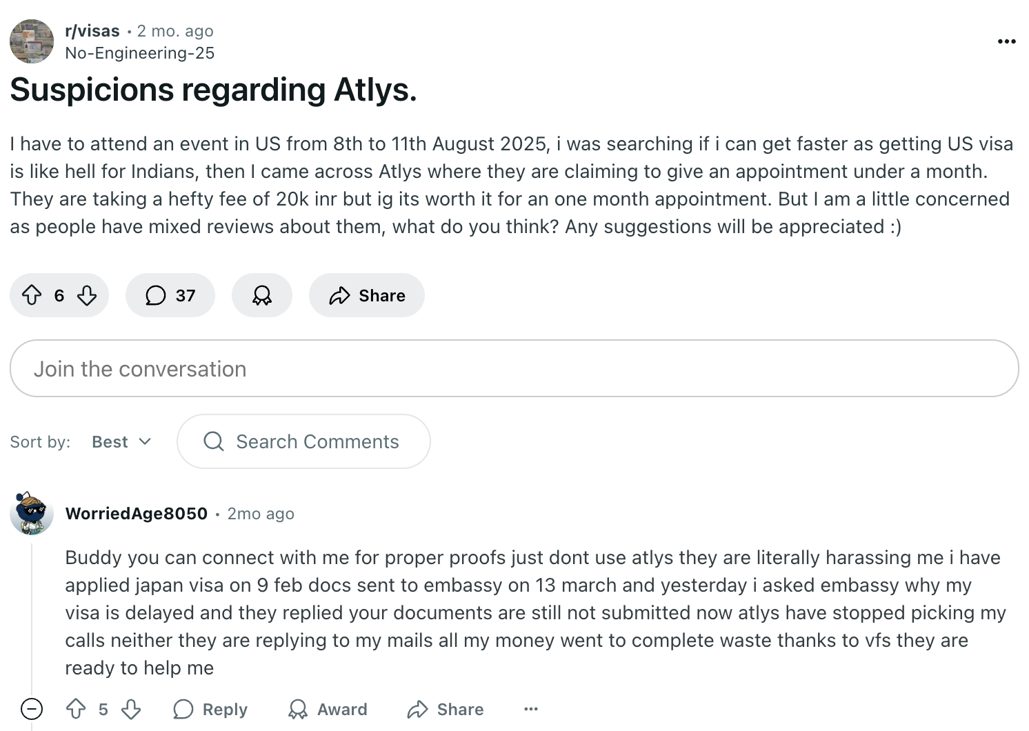 Atlys visa miconduct on Reddit
